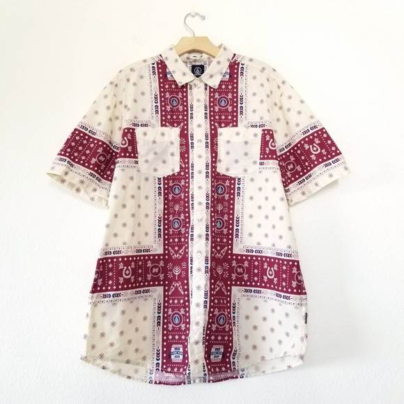 Volcom Other - VOLCOM Mya Hya Short Sleeve Shirt in Oxford Tan & Burgundy Large